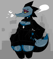Size: 2420x2704 | Tagged: safe, artist:xexeezy, bea santello (nitw), crocodile, crocodilian, reptile, anthro, night in the woods, 2022, absurd resolution, ankh, ankh necklace, big breasts, breasts, cigarette, cleavage cutout, clothes, eyeliner, eyeshadow, female, goth, high res, keyhole turtleneck, makeup, smoking, solo, solo female, standing, sweater, thick thighs, thighs, topwear, turtleneck