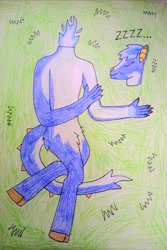 Size: 1567x2352 | Tagged: safe, artist:jurahumanelf, oc, oc only, oc:hearth taxel, chimera, dullahan, fictional species, hybrid, anthro, blue fire, cloven hooves, colored pencil drawing, disembodied head, eyes closed, grass, headless, hooves, male, modular, sleeping, solo, solo male, traditional art, zzz