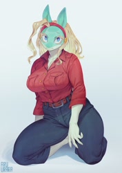Size: 1448x2048 | Tagged: safe, artist:aruurara, reptile, anthro, my hero academia (series), big breasts, blonde hair, breasts, female, hair, hairband, ippan josei (my hero academia), kneeling, looking at you, solo, solo female, thick thighs, thighs, wide hips