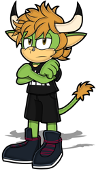 Size: 1080x1920 | Tagged: safe, artist:toyminator900, bovid, mammal, ox, anthro, all time low, sega, sonic the hedgehog (series), zack merrick, bottomwear, clothes, crossed arms, frowning, green body, horns, lidded eyes, looking at you, male, nose piercing, piercing, shirt, shoes, shorts, simple background, solo, solo male, sonicified, t-shirt, topwear, transparent background