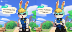 Size: 2957x1312 | Tagged: suggestive, artist:gammainks, sasha (animal crossing), lagomorph, mammal, rabbit, anthro, animal crossing, animal crossing: new horizons, nintendo, artist name, blue jacket, blushing, bulge, bunny ears, character name, choker, dialogue, eyelashes, femboy, four fingers, fur, green body, green fur, hair, implied gay, letterman jacket, male, purple eyes, shiny, shiny clothes, shiny pants, solo, solo male, tail, talking, talking to viewer, text
