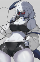 Size: 3392x5259 | Tagged: safe, artist:yoru_vida, absol, fictional species, mammal, anthro, nintendo, pokémon, 2023, absurd resolution, belly button, black nose, bottomwear, breasts, clothes, crop top, digital art, ears, eyelashes, female, fur, glasses, hair, hair over one eye, hand on hip, horn, horns, looking at you, round glasses, shorts, simple background, solo, solo female, sports bra, sports shorts, sunglasses, tail, thighs, topwear, wide hips