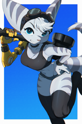 Size: 1567x2351 | Tagged: safe, artist:m_seawave, rivet (r&c), fictional species, lombax, mammal, anthro, ratchet & clank, boots, border, bottomwear, breasts, choker, cleavage, clothes, daisy dukes, female, goggles, goggles on head, gritted teeth, hammer, hand on hip, legwear, looking at you, midriff, prosthetic arm, prosthetics, raised leg, shoes, short shorts, shorts, solo, solo female, tank top, teeth, thigh highs, topwear, white border, wristband