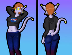 Size: 1920x1472 | Tagged: safe, artist:epicfrick, oc, oc:zodie (epicfrick), alien, fictional species, alternate outfit, arms behind head, belly button, bottomwear, brown hair, butt, clothes, colored sclera, crop top, cropped hoodie, female, freckles, gradient background, gray skin, hair, hoodie, midriff, nasa, pants, short hair, skin, smiling, solo, solo female, tail, tight clothing, topwear, yellow sclera, yoga pants
