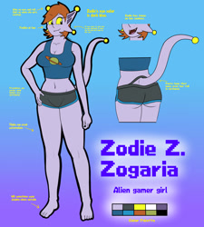 Size: 2700x3000 | Tagged: safe, artist:epicfrick, oc, oc:zodie (epicfrick), alien, fictional species, artist name, barefoot, belly button, blue tank top, bottomwear, brown hair, butt, character name, character sheet, clothes, color palette, colored sclera, crop top, dolphin shorts, fangs, female, freckles, gray skin, hair, hand on hip, midriff, sharp teeth, short hair, short shorts, shorts, skin, solo, solo female, sports shorts, tail, tank top, teeth, text, topwear, underass, yellow sclera