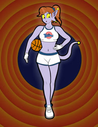 Size: 827x1073 | Tagged: safe, artist:epicfrick, lola bunny (looney tunes), oc, oc:zodie (epicfrick), alien, fictional species, looney tunes, space jam, warner brothers, :o, alternate hairstyle, alternate outfit, artist name, basketball (ball), basketball uniform, belly button, bottomwear, brown hair, clothes, colored sclera, cosplay, crop top, female, freckles, gloves, gray skin, hair, hand on hip, midriff, ponytail, shoes, short shorts, shorts, skin, solo, solo female, sports shorts, tail, topwear, white gloves, white shorts, yellow sclera