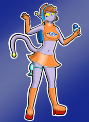 Size: 1920x2619 | Tagged: safe, artist:epicfrick, oc, oc:zodie (epicfrick), alien, fictional species, belly button, boots, bottomwear, clothes, colored sclera, cosplay, crop top, female, freckles, gloves, gray skin, gun, headphones, headset, headwear, high heel boots, high heels, holding, holding object, laser gun, microphone, midriff, orange boots, orange gloves, orange skirt, oxygen tank, shoes, skin, skirt, smiling, solo, solo female, space channel 5, tail, topwear, ulala (space channel 5), weapon, yellow sclera