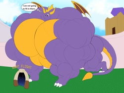 Size: 1280x960 | Tagged: suggestive, artist:unknownwolf, spyro the dragon (spyro), dragon, fictional species, spyro the dragon (series), abs, annoyed, buff, confused, giant, growth, horns, hyper, hyper muscles, hyper tail, macro, male, muscle fetish, muscle growth, muscles, muscular male, pecs, pecs expansion, solo, solo male, strong, tail, wings