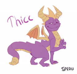 Size: 2262x2160 | Tagged: safe, artist:spedumon, spyro the dragon (spyro), dragon, fictional species, reptile, western dragon, feral, spyro the dragon (series), 2018, 2d, activision, butt, digital art, english text, gesture, half closed eyes, high res, horn, humor, looking at you, male, narrowed eyes, ok sign, purple body, purple scales, rattle (anatomy), reaction image, scales, signature, simple background, smug, solo, solo male, tail, text, thick thighs, thighs, white background, wings