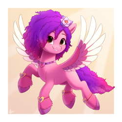 Size: 2000x2000 | Tagged: safe, artist:luminousdazzle, equine, fictional species, mammal, pegasus, pony, hasbro, my little pony, my little pony g5, my little pony: make your mark, spoiler:my little pony g5, spoiler:my little pony: make your mark chapter 4, bracelet, brown eyes, colored wings, curled hair, curly mane, female, flower, flower in hair, fluff, flying, grin, hair, hair accessory, hoof fluff, hooves, jewelry, mare, multicolored wings, my little pony: make your mark chapter 4, necklace, plant, ruby jubilee (mlp), simple background, smiling, solo, solo female, spread wings, unshorn fetlocks, wings