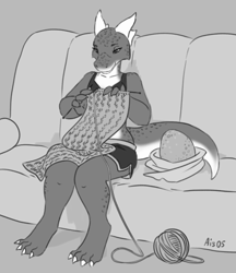 Size: 1557x1800 | Tagged: safe, artist:ais05, fictional species, kobold, reptile, anthro, couch, egg, female, horns, knitting, mother, sitting, solo, solo female, tail