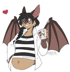 Size: 885x903 | Tagged: safe, artist:kittydee, oc, oc:doc (goliath-the-second), bat, mammal, anthro, artist name, belly, belly fluff, black hair, braided ponytail, brown body, brown fur, clothes, coat, coffee mug, commission, crop top, cropped shirt, female, fluff, fur, glasses, hair, heart, lab coat, looking at you, midriff, multicolored fur, one eye closed, pudgy, round glasses, smiling, smiling at you, solo, solo female, spoken heart, striped clothes, striped shirt, topwear, two toned body, two toned fur, undersized clothes, white coat, winking