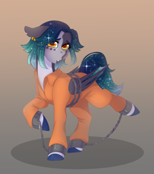 Size: 5311x6000 | Tagged: safe, artist:yutailaarts, oc, oc only, oc:nova borealis, bat pony, equine, fictional species, mammal, pony, feral, friendship is magic, hasbro, my little pony, 2023, absurd resolution, bat wings, bondage, bound wings, chained, chains, clothes, commissioner:rainbowdash69, cuffed, female, folded wings, hair, jumpsuit, mane, pouting, prison outfit, prisoner, shackles, solo, solo female, webbed wings, wings