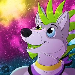 Size: 1500x1500 | Tagged: safe, artist:thatblackfox, canine, mammal, wolf, bandanna, clothes, colored, flag, galaxy, nonbinary, nonbinary pride flag, pansexual, pansexual pride flag, pride flag, space, starry, stars, universe