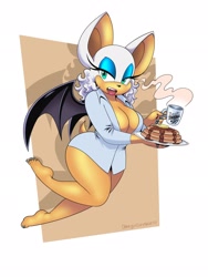 Size: 1536x2048 | Tagged: safe, artist:omegasunburst, rouge the bat (sonic), bat, mammal, anthro, sega, sonic the hedgehog (series), big breasts, breasts, cleavage, clothes, coffee, coffee mug, drink, eyeshadow, female, floating, food, hair, legs up, lidded eyes, makeup, messy hair, nail polish, open mouth, pancakes, shirt, solo, solo female, text, toenail polish, topwear, unbuttoned