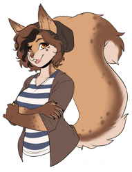 Size: 827x1080 | Tagged: safe, artist:kittydee, oc, oc:(rileycorvie), mammal, rodent, squirrel, anthro, beanie, big tail, black highlights, black nails, brown body, brown fur, brown hair, buckteeth, clothes, coat, crossed arms, eyelashes, fawn, female, fluff, fur, gray coat, hair, nail polish, short hair, solo, solo female, spots, spotted fur, striped clothes, striped shirt, tail, tail fluff, teeth, topwear, yellow eyes