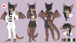 Size: 1280x723 | Tagged: safe, artist:arztin, oc, oc:doc (goliath-the-second), bat, mammal, anthro, barefoot, bat ears, bat wings, belly button, black hair, bottomwear, braided ponytail, brown body, brown fur, character sheet, cheek fluff, clothes, coffee, coffee mug, crop top, drink, female, fluff, fur, glasses, hair, lab coat, long tail, midriff, round glasses, shorts, solo, solo female, spoken heart, sports shorts, striped clothes, striped shirt, tail, topwear, webbed wings, white coat, white pants, wings