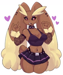 Size: 1500x1800 | Tagged: safe, artist:artkett1412, fictional species, lopunny, mammal, anthro, nintendo, pokémon, 2023, belly button, black sclera, bottomwear, breasts, clothes, collar, colored sclera, crop top, ears, eyelashes, female, fur, goth, looking at you, open mouth, panties, pink nose, short tail, simple background, skirt, solo, solo female, spiked collar, tail, tank top, thighs, thong, tongue, topwear, wide hips