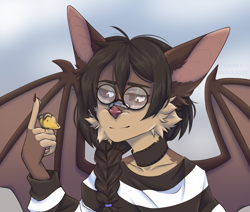 Size: 1600x1356 | Tagged: safe, artist:tsunderewitch, oc, oc:doc (goliath-the-second), arthropod, bat, butterfly, insect, mammal, anthro, bandaid, bandaid on nose, bat ears, bat wings, black choker, black hair, braided ponytail, brown body, brown fur, choker, clothes, commission, female, fur, glasses, hair, orange eyes, round glasses, solo, solo female, striped clothes, striped shirt, webbed wings, wings