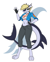 Size: 990x1230 | Tagged: safe, artist:s7v8, oc, oc:(kodimarto), fish, shark, anthro, barefoot, belly button, belly button piercing, big tail, black pants, blonde hair, blue jacket, clothes, crop top, cropped jacket, cropped shirt, ear piercing, eyelashes, female, fin piercing, fingerless gloves, fins, fish tail, gloves, gray skin, green eyes, grunge, hair, hand up, hotwheels, midriff, nose piercing, piercing, rolled up sleeves, shark tail, skin, solo, solo female, tail, tail piercing, topwear, two toned body, white shirt