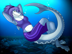 Size: 808x600 | Tagged: safe, artist:wildtheory, oc, oc:veshra (destorarc), fish, shark, anthro, arms behind head, belly button, big tail, blue hair, blue tank top, bubbles, clothes, commission, crop top, crossed legs, female, fin, fins, fish tail, hair, midriff, pendant, ponytail, shark tail, shark teeth, solo, solo female, tail, tank top, topwear, underwater, water, yellow eyes