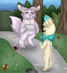 Size: 1828x2000 | Tagged: safe, artist:lil_vampirecj, oc, oc only, oc:perry smartlock, fictional species, hybrid, semi-anthro, arpg, bipedal, cheek fluff, chest fluff, cloven hooves, complex background, custom species, digital art, duo, ear fluff, feet, fluff, fur, green eyes, hair, head fluff, hooves, krita, male, neck fluff, nyulop, open species, paws, scene, tail, tail fluff, whiskers, whistler crest