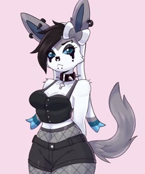 Size: 1500x1800 | Tagged: safe, artist:artkett1412, eeveelution, fictional species, mammal, sylveon, anthro, nintendo, pokémon, 2023, belly button, black nose, bottomwear, breasts, clothes, crop top, ears, eyelashes, female, fishnet, fishnet stockings, fur, goth, hair, legwear, looking at you, midriff, ribbons (body part), see-through, short shorts, shorts, simple background, skirt, solo, solo female, stockings, tail, tank top, thighs, topwear, wide hips