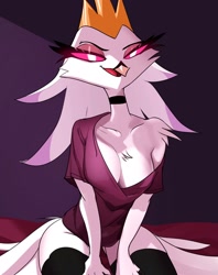 Size: 1624x2048 | Tagged: safe, artist:jesterwing, stella (vivzmind), bird, demon, fictional species, galliform, peafowl, anthro, hazbin hotel, helluva boss, bed, bedroom eyes, breasts, choker, cleavage, clothes, colored sclera, crown, eyeshadow, female, headwear, indoors, jewelry, legwear, makeup, mature, mature female, open mouth, red sclera, regalia, shirt, sitting on bed, solo, solo female, thigh highs, topwear
