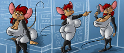 Size: 2160x936 | Tagged: safe, artist:dutch, oc, oc:misty the mouse (dutch), mammal, mouse, rodent, anthro, bedroom eyes, breasts, buckteeth, butt, cleavage, female, huge breasts, huge butt, laser gun, looking back, miranda, open mouth, pointing, sitting, smiling, solo, solo female, teeth, thick thighs, thighs, wide hips
