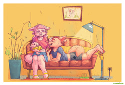 Size: 1280x869 | Tagged: safe, artist:wumiaow, canine, fox, mammal, anthro, angry, barefoot, big breasts, braless, breastfeeding, breasts, couch, eyes closed, family, father, father and child, father and son, feet, female, flip flops, grin, group, husband, husband and wife, lamp, male, mother, mother and child, mother and son, plant, sitting, soles, son, toes, trio, vixen, wife
