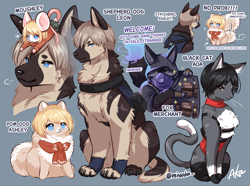 Size: 1750x1300 | Tagged: safe, artist:missaka_, ada wong (resident evil), ashley graham (resident evil), leon s. kennedy (resident evil), canine, cat, dog, feline, fox, mammal, mouse, rodent, anthro, feral, capcom, resident evil, black cat, bottomwear, chest fluff, clothes, cute, dialogue, female, fluff, hood, male, merchant (resident evil), moushley, pom dog, resident evil 4, shepherd dog, sitting, size difference, skirt, species swap, sweater, talking, text, topwear