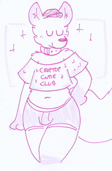 Size: 594x905 | Tagged: suggestive, artist:catboots, oc, oc only, oc:(alkali), canine, fox, mammal, anthro, belly button, bottomwear, bulge, clothes, collar, crop top, cropped shirt, femboy, hand on hip, male, midriff, monochrome, shorts, solo, solo male, topwear, underwear, wide hips