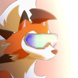 Size: 1000x1000 | Tagged: safe, artist:kemonobito, dusk lycanroc, fictional species, lycanroc, mammal, feral, nintendo, pokémon, 2019, ambiguous gender, black nose, bust, detailed background, digital art, ears, fur, glasses, hair, looking at you, portrait, solo, solo ambiguous, sunglasses, tail, thighs