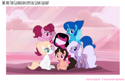 Size: 2675x1734 | Tagged: safe, alternate version, artist:hatsuukki, artist:muhammad yunus, amethyst (steven universe), garnet (steven universe), lapis lazuli (steven universe), pearl (steven universe), spinel (steven universe), steven universe (steven universe), alicorn, alien, earth pony, equine, fictional species, gem (steven universe), hybrid, mammal, pegasus, pony, unicorn, feral, cartoon network, friendship is magic, hasbro, my little pony, steven universe, spoiler, spoiler:steven universe, spoiler:steven universe: the movie, amethyst, base used, crossover, crystal gems (steven universe), female, feralized, furrified, fusion, gem, glasses, group, happy, headwear, hydrokinesis, ibis paint, lapis lazuli, looking at you, magic wings, male, mare, open mouth, open smile, pearl, ponified, rose quartz, sextet, shield, simple background, smiling, smiling at you, spear, species swap, spinel, steven universe: the movie, sunset, sword, teenager, text, visor, water, water wings, watermark, weapon, whip, wings