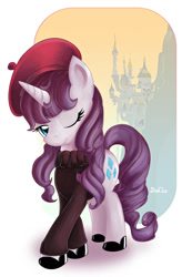 Size: 670x1024 | Tagged: safe, artist:don-ko, rarity (mlp), equine, fictional species, mammal, pony, unicorn, feral, friendship is magic, hasbro, my little pony, 2011, 2d, beret, blue eyes, canterlot (mlp), clothes, female, fur, hair, hat, headwear, looking at you, mane, mare, one eye closed, purple hair, purple mane, purple tail, shoes, solo, solo female, sweater, tail, topwear, white body, white fur, winking
