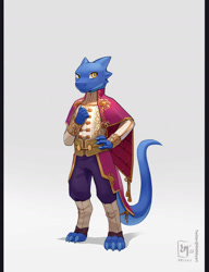 Size: 1332x1736 | Tagged: safe, artist:rmikkyart, fictional species, kobold, reptile, anthro, clothes, horns, male, solo, solo male, tail, uniform