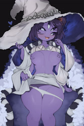 Size: 2311x3460 | Tagged: suggestive, artist:yoru_vida, muffet (undertale), arachnid, arthropod, spider, anthro, undertale, 2023, bottomwear, braless, breasts, clothes, covering breasts, digital art, ears, female, hat, headwear, multiple arms, multiple eyes, multiple limbs, open mouth, panties, panties pulled down, pose, scales, shirt, shirt lift, skirt, skirt lift, solo, solo female, tail, thighs, tongue, topwear, underwear, wide hips, witch hat