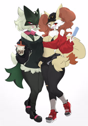 Size: 2529x3621 | Tagged: safe, artist:yoru_vida, braixen, fictional species, meowscarada, anthro, nintendo, pokémon, spoiler:pokémon gen 9, spoiler:pokémon scarlet and violet, 2023, bottomwear, breasts, bubble tea, clothes, digital art, duo, duo female, ear fluff, ears, female, females only, fluff, food, fur, hip fluff, mask, panties, popsicle, pose, shoes, simple background, skirt, socks, starter pokémon, tail, tank top, thighs, topwear, underwear, wide hips