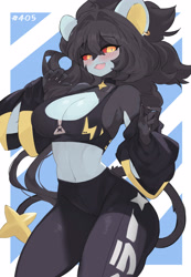 Size: 2868x4156 | Tagged: safe, artist:yoru_vida, fictional species, luxray, mammal, anthro, nintendo, pokémon, 2023, belly button, big breasts, blue skin, blushing, breasts, choker, cleavage window, clothes, colored sclera, crop top, digital art, ear piercing, earring, ears, female, fur, hair, huge breasts, midriff, open mouth, pants, piercing, pose, red sclera, solo, solo female, sports bra, sports pants, star (symbol), tail, thick thighs, thighs, tight clothing, tongue, topwear, wide hips, yellow eyes, yoga pants, zipper