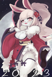 Size: 2115x3133 | Tagged: safe, artist:yoru_vida, oc, oc only, lagomorph, mammal, rabbit, anthro, 2023, bottomwear, breasts, clothes, digital art, dress, ears, female, fur, hair, open mouth, panties, pose, solo, solo female, tail, thighs, tongue, underwear, wide hips