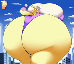 Size: 5192x4506 | Tagged: suggestive, artist:saintdraconis, fictional species, renamon, digimon, absurd resolution, bikini, breasts, bubble butt, butt, butt focus, butt jiggle, city, clothes, curvy, female, growth, huge butt, hyper, hyper breasts, hyper butt, hyper hips, hyper thighs, looking back, macro, solo, solo female, swimsuit, thick, walking, wide hips