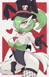 Size: 2484x3881 | Tagged: suggestive, artist:yoru_vida, fictional species, gardevoir, anthro, nintendo, pokémon, 2022, bedroom eyes, belly button, blushing, breasts, clothes, digital art, ears, female, fishnet, fishnet stockings, hair, hair over one eye, legwear, leotard, looking at you, pose, see-through, solo, solo female, stockings, thighs, wide hips