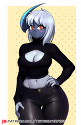 Size: 2101x3240 | Tagged: safe, artist:thyhsilverfeet, absol, fictional species, mammal, anthro, nintendo, pokémon, 2023, belly button, bottomwear, breasts, clothes, crop top, digital art, ears, female, hair, horn, looking at you, midriff, pants, pose, shirt, solo, solo female, thighs, topwear, wide hips