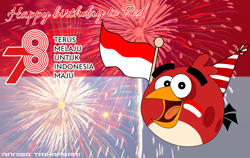 Size: 1692x1067 | Tagged: safe, artist:muhammad yunus, artist:sonnykero, red (angry birds), bird, cardinal, northern cardinal, songbird, feral, angry birds, clothes, eyebrows, fireworks, flag, happy, hat, headwear, indonesia, looking at you, male, open mouth, open smile, party hat, rovio, simple background, smiling, smiling at you, solo, solo male, text, watermark
