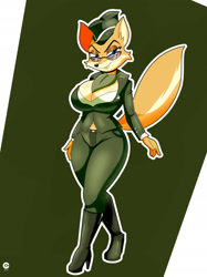 Size: 1662x2217 | Tagged: safe, artist:darktemplar2, lt. fox vixen (squirrel and hedgehog), canine, fox, mammal, anthro, squirrel and hedgehog, 2023, black nose, bottomwear, breasts, clothes, digital art, ears, female, glasses, hair, hat, headwear, high heels, looking at you, pants, pose, shirt, shoes, simple background, solo, solo female, thighs, topwear, vixen, wide hips