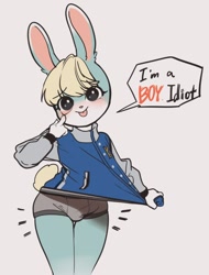 Size: 744x980 | Tagged: suggestive, artist:yuio, sasha (animal crossing), lagomorph, mammal, rabbit, anthro, animal crossing, animal crossing: new horizons, nintendo, blonde hair, blue jacket, bulge, bunny ears, bunny tail, clothes, femboy, fur, gray background, hair, letterman jacket, male, shirt, shirt lift, simple background, solo, solo male, teal fur, topwear, underwear, wide hips