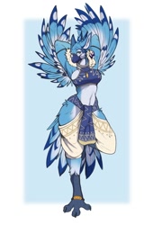 Size: 1358x2000 | Tagged: safe, artist:morning_mocha, bird, anthro, arms behind head, beak, belly dancer outfit, bottomwear, clothes, crop top, feathers, female, solo, solo female, tail, tail feathers, thick thighs, thighs, topwear, wide hips, winged arms