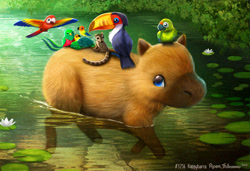 Size: 900x614 | Tagged: safe, artist:cryptid-creations, bird, capybara, coati, macaw, mammal, parrot, procyonid, rodent, toucan, feral, 2023, ambiguous gender, ambiguous only, cute, flying, group, lilypad, partially submerged, pun, swimming, visual pun, water, waterlily
