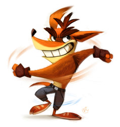 Size: 800x843 | Tagged: safe, artist:cryptid-creations, crash bandicoot (crash bandicoot), bandicoot, mammal, marsupial, anthro, crash bandicoot (series), 2014, grin, male, simple background, solo, solo male, spinning, white background