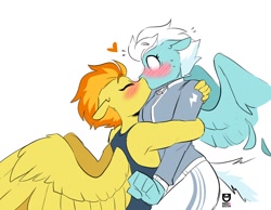 Size: 1316x1022 | Tagged: safe, artist:redxbacon, fleetfoot (mlp), spitfire (mlp), equine, fictional species, mammal, pegasus, pony, anthro, friendship is magic, hasbro, my little pony, 2023, anthro/anthro, anthrofied, blushing, clothes, duo, duo female, feathered wings, feathers, female, female/female, females only, fleetfire (mlp), hair, heart, hug, jacket, kissing, mane, shipping, simple background, surprise kiss, surprised, tail, tank top, topwear, watermark, white background, wings